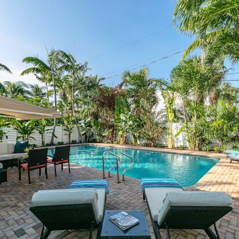 Lounge by the palm-lined pool in the back yard