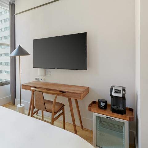 Have a productive work day on your desk, fuelled by fast wifi and fresh coffee