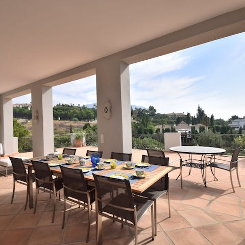 Dine on one of multiple terraces, shaded from the sun with beautiful views of the surrounding area