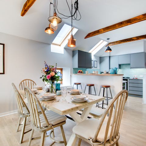 Dine at home under high wood-beamed ceilings