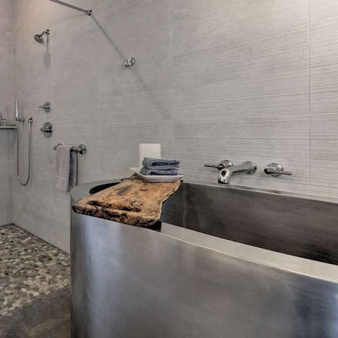 Soak in the two-person, forty-eight gallon Japanese soaking tub