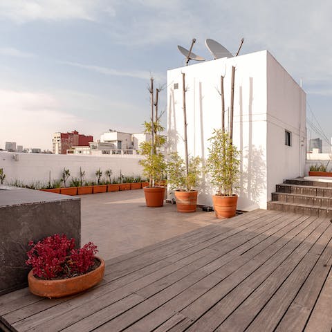 Head up to the building’s quiet roof terrace