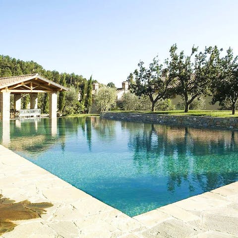 Pad down to the shared infinity pool for a cooling dip