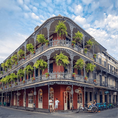 Gape at the architecture of the French Quarter, a five-minute drive or thirty-five-minute walk away
