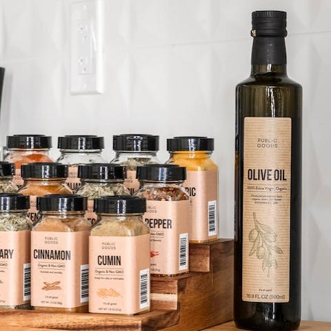 Cook with your host's generous range of sustainably-sourced oils and spices
