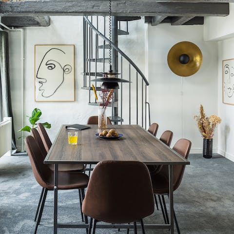 Sit down for a sociable meal at the industrial-chic dining table