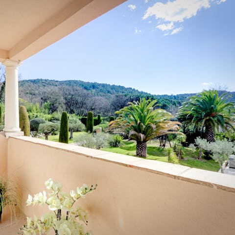 Look out across the French countryside from the private balcony
