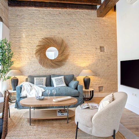 Embrace the history of the city with wood beams and exposed brick