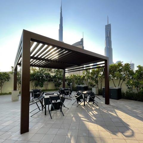 Enjoy a spot of alfresco dining on the shared patio area