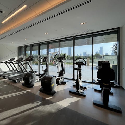 Stay on top of your fitness routine with a workout in the on-site gym