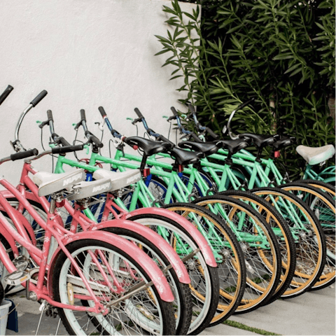 Pedal into town on one of the free bikes