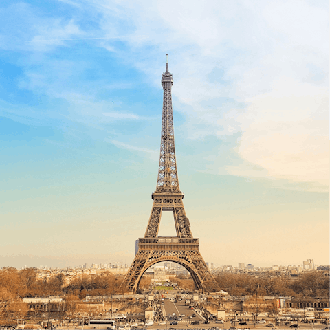 Admire the iconic sight of the Eiffel Tower – a short walk away