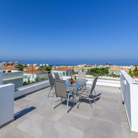 Head up to your roof terrace, with panoramic views over Protaras and Green Bay