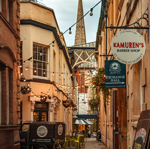 Drive for ten minutes to Bristol's Old City and explore the historic lanes