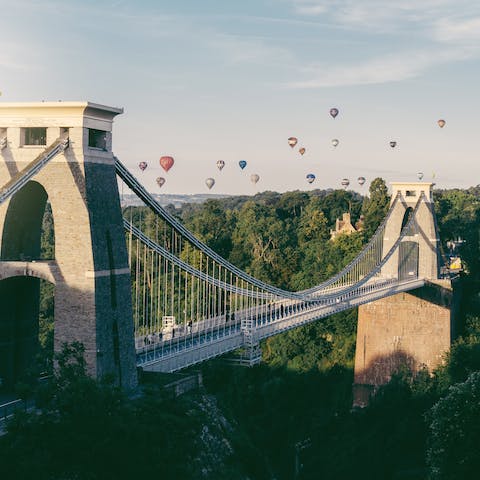Walk sixteen minutes to visit the Clifton Suspension Bridge spanning the Avon gorge and river