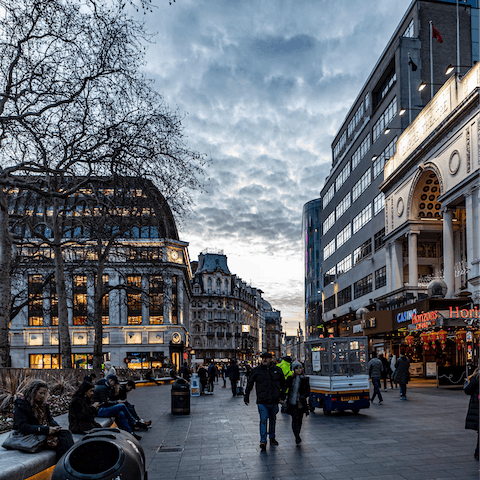 Visit bustling Leicester Square, a four-minute walk away