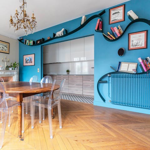 Peruse the funky bookshelf for your next read