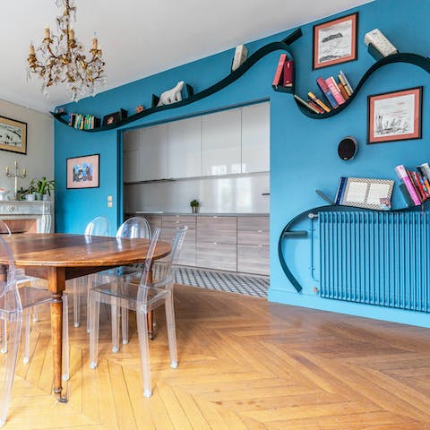 Peruse the funky bookshelf for your next read