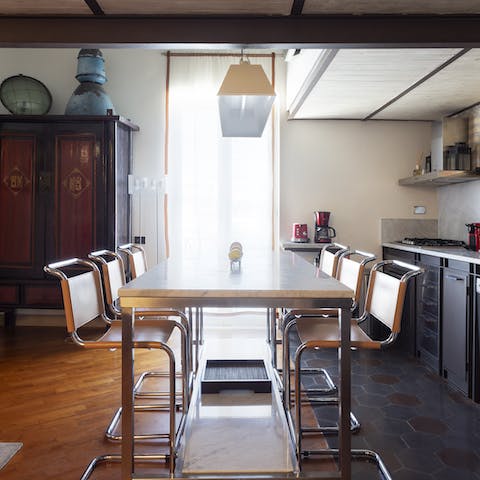 Enjoy a hearty breakfast in the industrial-styled kitchen and dining area