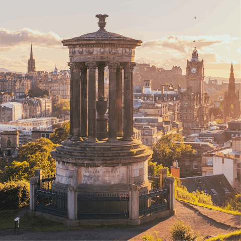 Take in beautiful views of Edinburgh from Calton Hill, a fourteen-minute walk away