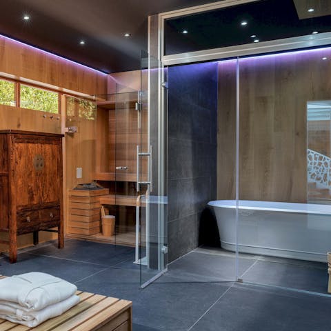 Head down to the private spa, complete with a sauna and Japanese bath