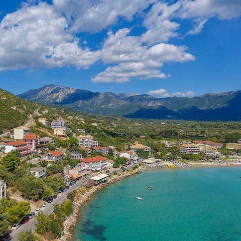 Stroll down to Vasiliki's scenic beach, just 20m from home