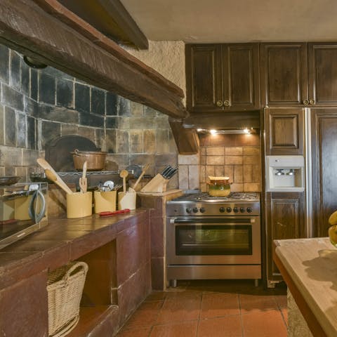 Cook rustic, Italian-style by the old hearth in the kitchen