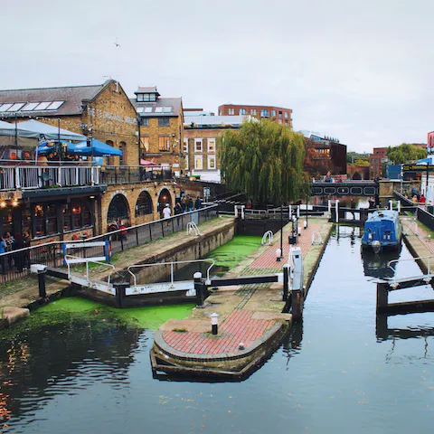 Explore an array of hip bars and lively eateries in Camden, only a thirteen-minute stroll away
