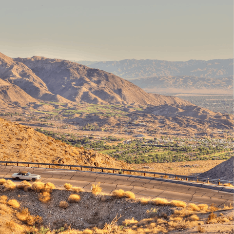Hire a vintage convertible and head out into Coachella Valley, twenty minutes away