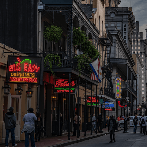 Stay a five minute drive away from Bourbon Street