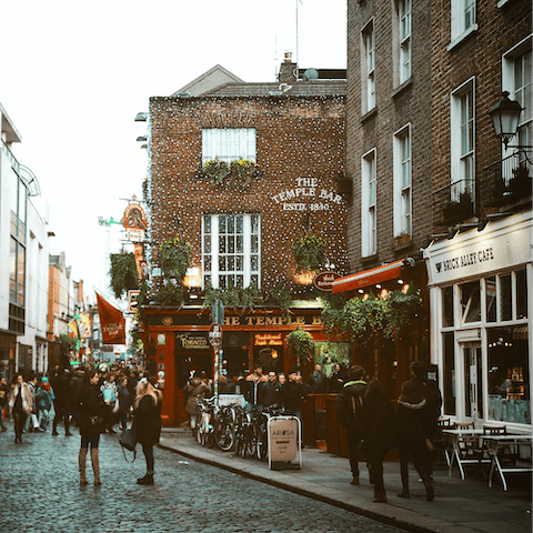 Stroll across the bridge and explore Temple Bar – a hotspot of live music, charming pubs and cool eateries