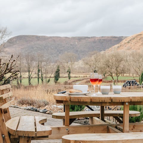 Dine outside during summer months to make the most of the sweeping views of the Cambrian Mountains