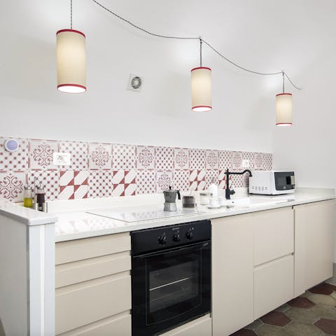Red and white tiles in the kitchen