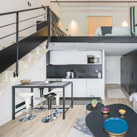 Start mornings with locally bought croissants and fresh coffee in the sleek kitchenette