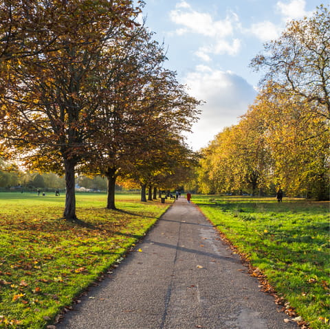 Stroll along the peaceful paths of Hyde Park, seven minutes away