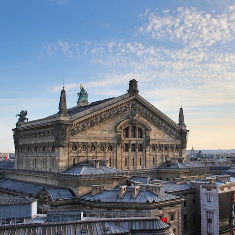 Visit the beautiful Opéra Garnier, a one-minute walk away
