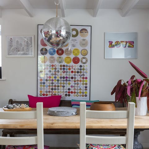 Get together for atmospheric mealtimes in the stylish dining area