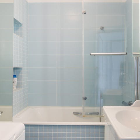 Treat yourself to a long soak in the blue-tiled tub after a day of exploring on foot