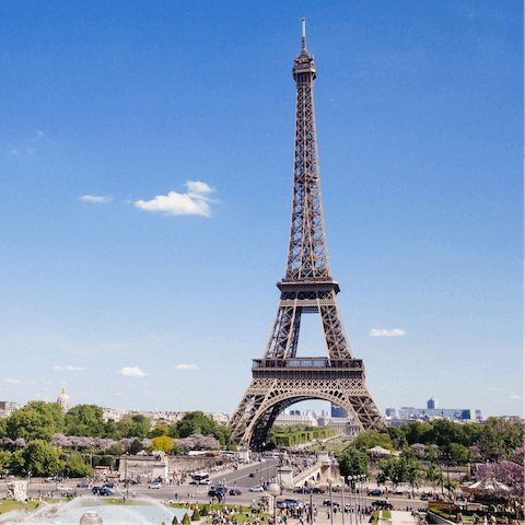 Gaze up at the iconic Eiffel Tower, a thirty-five-minute walk from your door or twenty minutes away by Metro