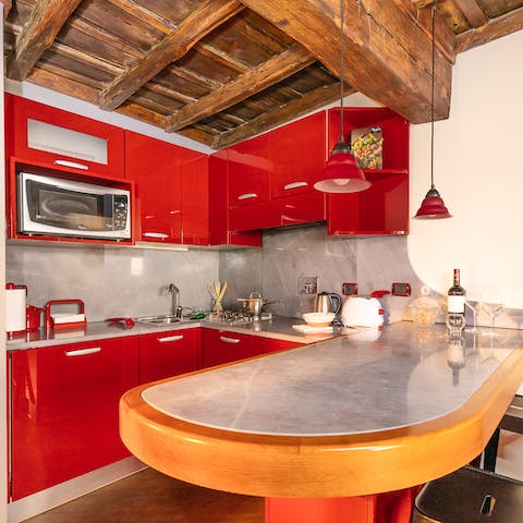 The deep red kitchen