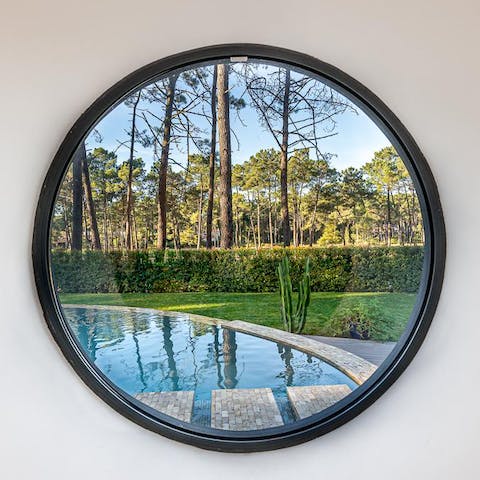 Take in picturesque views from the unique circular window