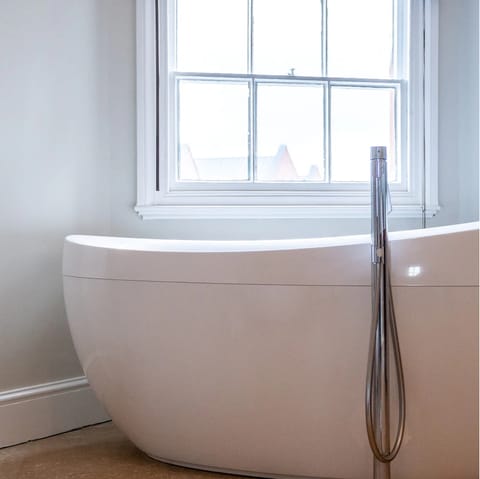 Indulge in a long, hot soak in the free-standing tub