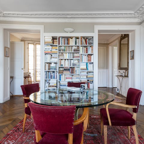 Peruse one of the countless books from the shelves while you enjoy your morning coffee and croissant