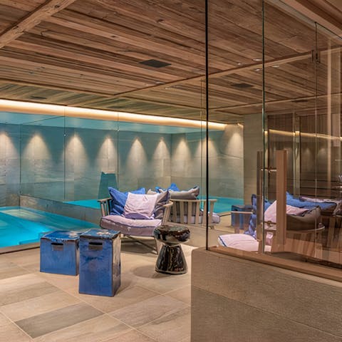 Go for a plunge in the indoor pool, before relaxing in the sauna