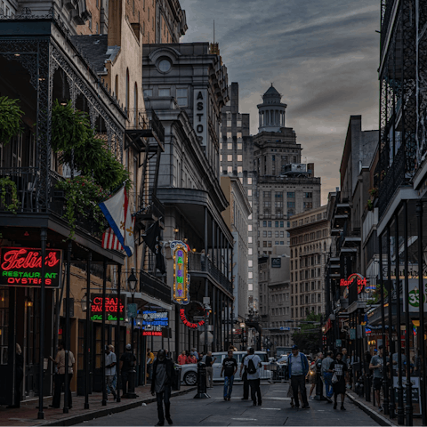 Walk just a fifteen-minutes to Bourbon Street