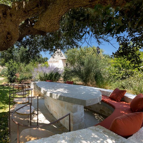 Find the perfect spot for evening drinks under the olive trees