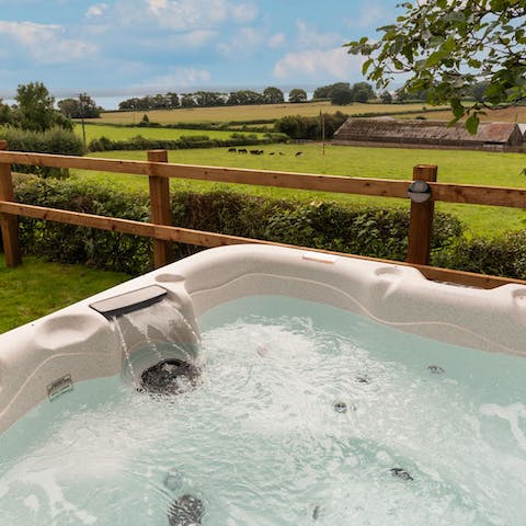 Take in the farm views from the private hot tub