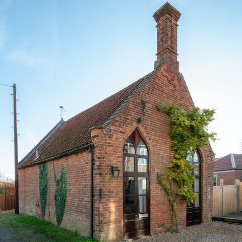 Admire the postcard-perfect exterior of your converted church home