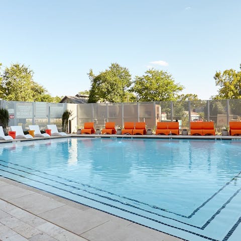 Spend warm afternoons swimming in the pool and lounging in the Texas sun