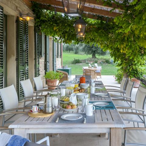 Dine on Italian feasts under the shade of the leafy pergola 
